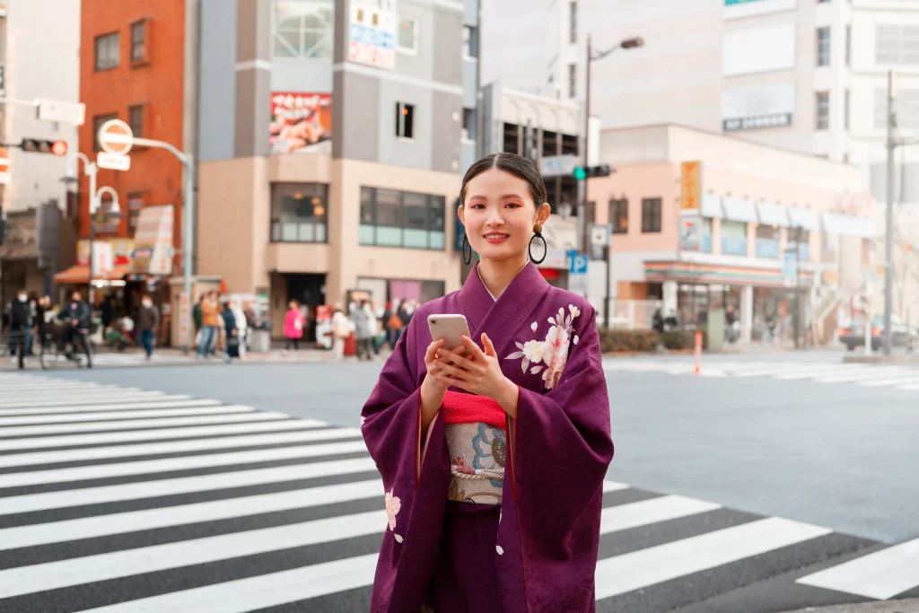 japanese woman celebrating coming age day posing city compressed